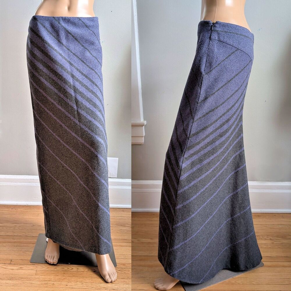 Vintage 90s Express Wool Maxi Skirt Blue Knit Stripe Ombre Dark Academia Size 9